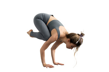 Yoga trainer pose Asana fitness workout warm-up woman in tracksuit, daily cardio exercises....