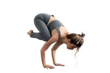 Yoga trainer pose Asana fitness workout warm-up woman in tracksuit, daily cardio exercises. Transparent background.