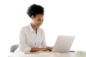 A copywriter employee uses a laptop computer in the workplace. A business woman in business clothes looks at the screen.