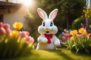 Easter - Cute Bunny With Decorated Eggs And Flowers