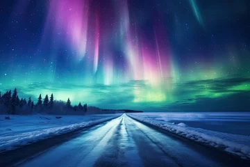 Foto auf Alu-Dibond empty road with aurora borealis colorful sky © krissikunterbunt