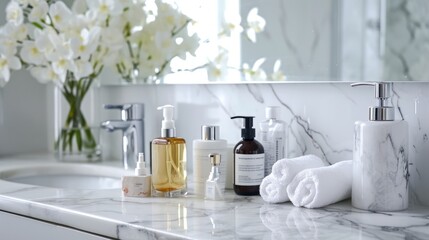 Fototapeta na wymiar Luxury bathroom with lotions and neatly folded white towels