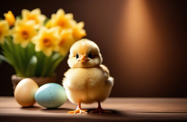 Yellow Easter chick and Easter egg, spring flowers