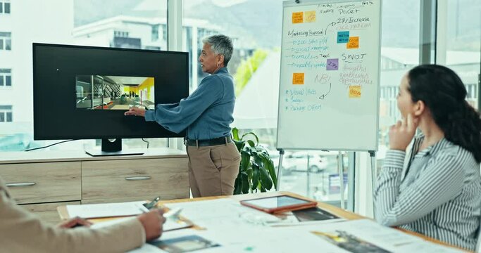 Senior woman, presentation and meeting for interior design, planning or collaboration at office. Mature person, mentor or coaching and training staff on tech screen for project or layout in teamwork