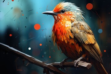  a colorful bird sitting on top of a tree branch in front of a blurry background of red, orange, and blue circles and white circles on a black background.
