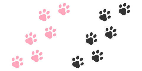 Animal pink paw footprint trail print, Cat, Dog, puppy silhouette animal diagonal tracks, design for prints. © Design Ful
