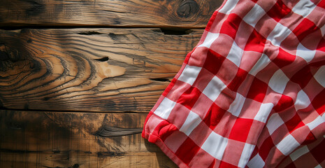 Top view of red checkered tablecloth on blank empty wooden table background banner, food concept