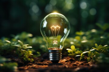  a light bulb sitting on top of a patch of dirt in front of a green leafy forest filled with lots of small trees and bushes, with green leaves, on a sunny day. - obrazy, fototapety, plakaty