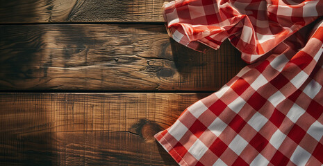 Top view of red checkered tablecloth on blank empty wooden table background banner, food concept - Powered by Adobe