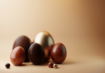 3D Chocolate Easter Eggs on plain background with copy space. Minimal Chocolate Business Happy Easter Banner. 3D render