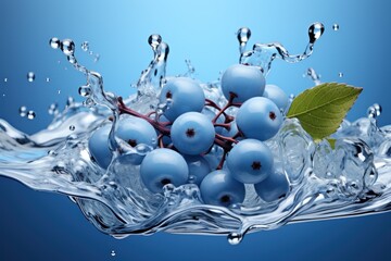  a bunch of blueberries floating in water with a green leaf on top of the blueberries in the water is a splash of water and a green leaf on the top of the water.