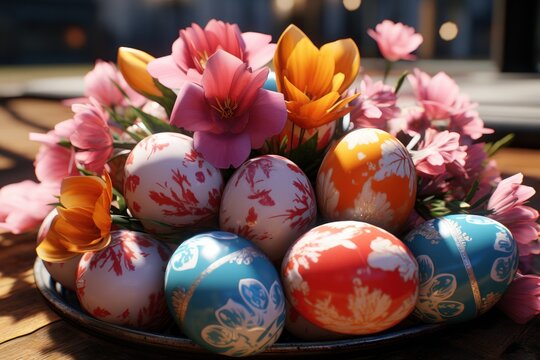  a bunch of colorful easter eggs sitting on a table with pink and yellow tulips in the middle of the picture and a pink flower in the middle of the eggs.