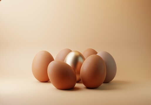 3D one golden egg surrounded by many eggs. Unique, Different Individuality concept. Minimal 3D render with copy space.