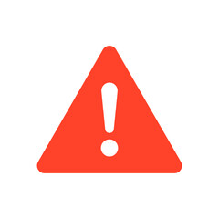 Warning attention red triangle sign with exclamation mark symbol, flat vector illustration. - obrazy, fototapety, plakaty