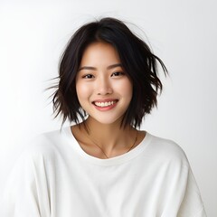 young happy asian woman posing and looking in camera,white background