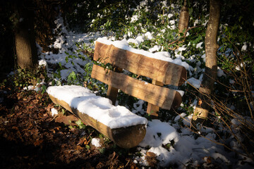 kleine Pause - eine eingeschneite Holzbank in einem winterlichen Wald