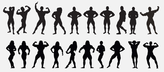 Bodybuilder fitness and gym silhouettes set, large pack of vector silhouette design, isolated white background - obrazy, fototapety, plakaty
