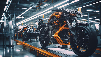 Fototapeta na wymiar Component Installation and Quality Control of body motorcycle assembly. Fully Automated motorcycle Line Equipped with High Precision Robot Arms at motorcycle Factory.