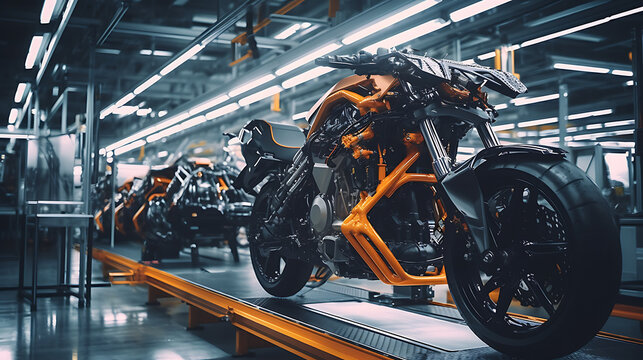 Component Installation and Quality Control of body motorcycle assembly. Fully Automated motorcycle Line Equipped with High Precision Robot Arms at motorcycle Factory.