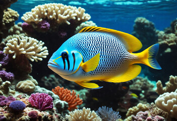Fototapeta na wymiar 3d wallpaper coral reef tropical colorful fish in the water aquarium 