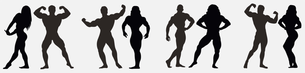 Male and female bodybuilder silhouette. Silhouette of competitive men and women.  - obrazy, fototapety, plakaty
