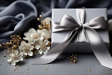  a silver gift box with a silver ribbon and some white flowers on a gray background with a silver satin ribbon and some gold and white flowers on a gray background.