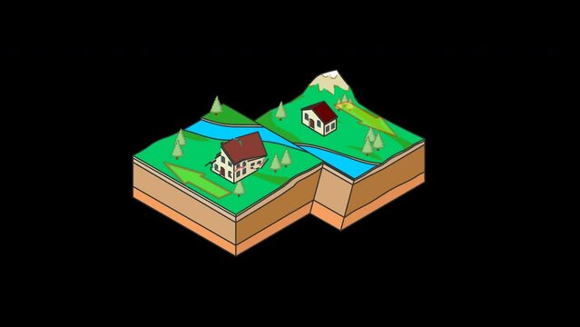 Earthquake, strike slip fault, destroyed house structure. Thrust action type animation. Seismic activities. Line, block, movement sliding.  Alpha channel background. Illustration video