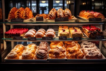 A display case exhibiting a wide variety of doughnuts of different types and flavors., A spread of delectable pastries in a bakery display case, AI Generated - obrazy, fototapety, plakaty