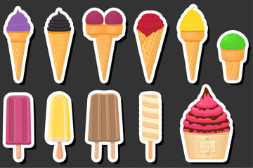 Illustration on theme big kit ice cream popsicle different types in cone waffle cup