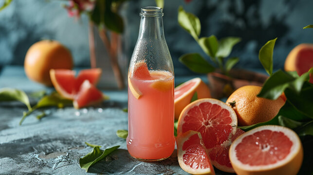 Freshly squeezed grapefruit juice. Grapefruit juice and ripe grapefruits on a wooden background.