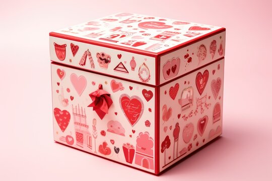 A lovely pink box adorned with hearts sits on a matching pink background., A square gift box adorned with Valentine's Day-themed stickers, AI Generated