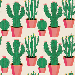 Pattern of blooming cacti in pink pots. Natural pattern. Vector illustration. For print.