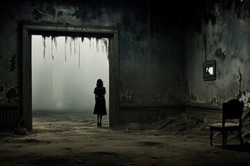  a woman standing in a dark room in front of an open door with icicles hanging from the ceiling and a chair to the side of the room in front of the room. - obrazy, fototapety, plakaty