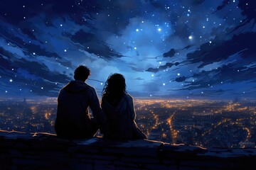 Two individuals seated on the edge of a ledge, captivated by the beauty of the night sky., A starry night with a couple sitting close together on a rooftop, AI Generated - Powered by Adobe