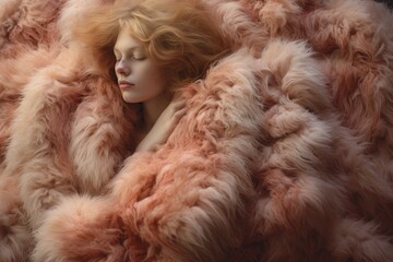 A woman wearing a fur coat with her eyes peacefully closed., A soft and warm texture of a fur coat, AI Generated