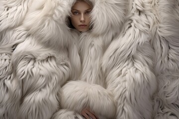 A stylish woman showcases her winter fashion in a white fur coat, exuding elegance and sophistication., A soft and warm texture of a fur coat, AI Generated