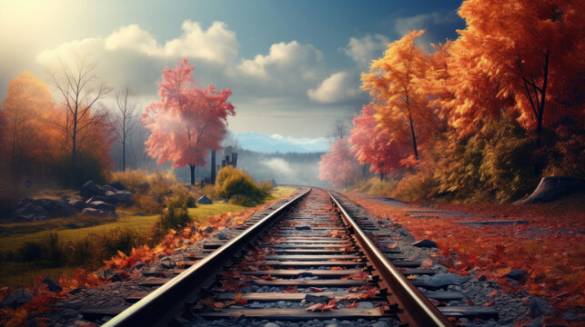 abandoned Railway road in autumn forest