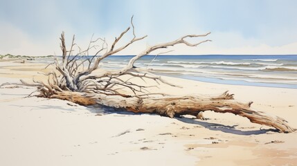 砂浜、水彩画