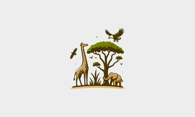Obraz premium giraffe and elephant and big tree vector logo design