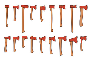 Red wooden axe big set. Cartoon vector illustration on white background