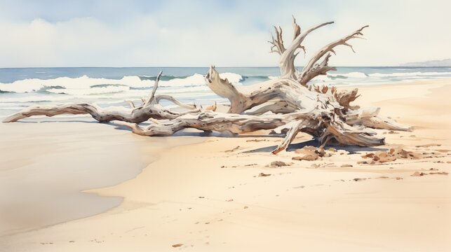 砂浜、水彩画