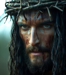 Jesus Christ wearing a crown of thorns with blood on his face. The Passion of the Christ. Jesus in the rain on the way to Golgotha