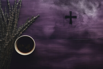 Ash Wednesday, sign of cross in purple ashes - obrazy, fototapety, plakaty