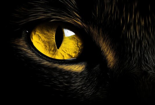 Close-up of a cat's eye with striking yellow iris and black background.