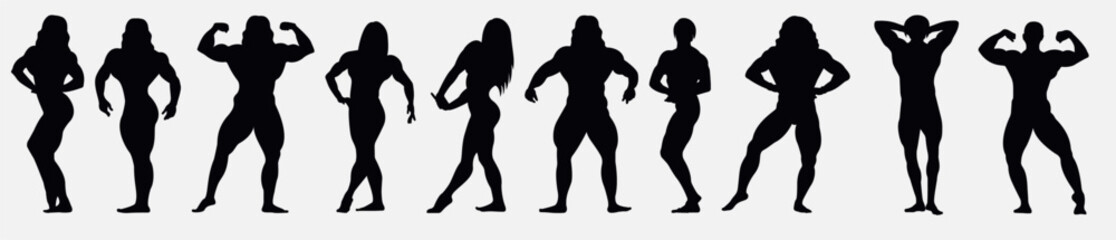 Male and female bodybuilder silhouette. Silhouette of competitive men and women. 