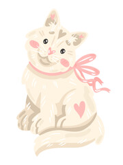 Vector illustration of cute white cat with pink ribbon. 