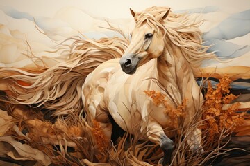  a painting of a white horse running through a field of tall grass with orange flowers in the foreground and a blue sky in the background with clouds in the foreground. - obrazy, fototapety, plakaty