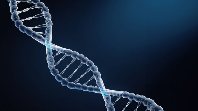 Transparent DNA sequence on dark blue background with white sparkles behind