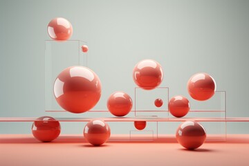  a group of red balls sitting on top of a red floor next to each other in front of a gray wall with a line of smaller red balls in the middle.