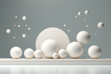  a group of white balls floating in the air next to a white ball on top of a white table and a gray wall with a gray back ground behind it.